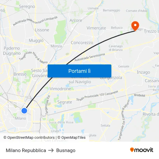 Milano Repubblica to Busnago map