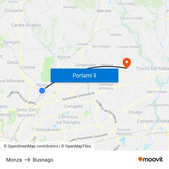 Monza to Busnago map