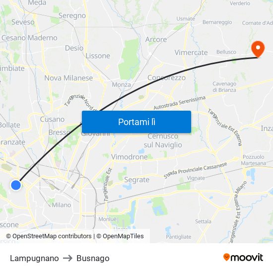 Lampugnano to Busnago map