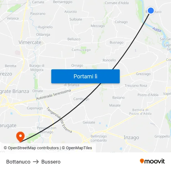 Bottanuco to Bussero map