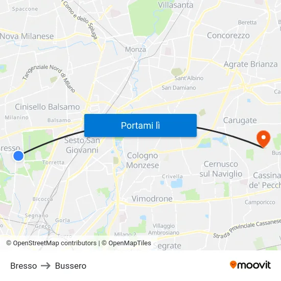 Bresso to Bussero map