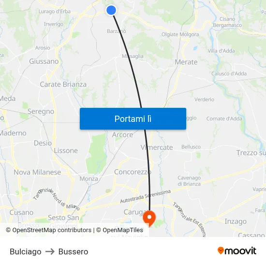 Bulciago to Bussero map
