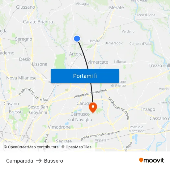 Camparada to Bussero map