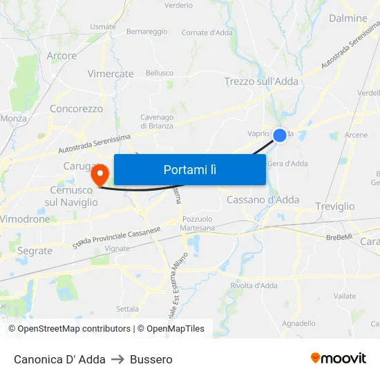 Canonica D' Adda to Bussero map