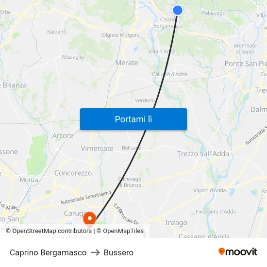 Caprino Bergamasco to Bussero map