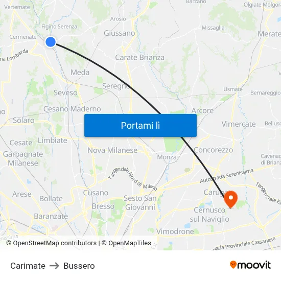 Carimate to Bussero map