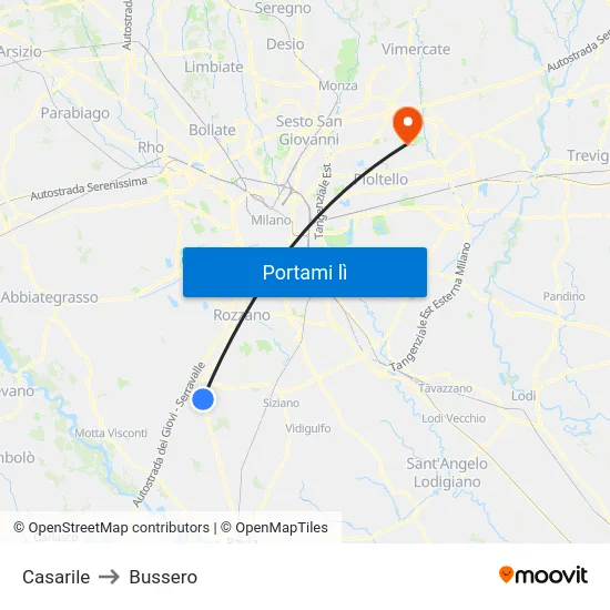 Casarile to Bussero map