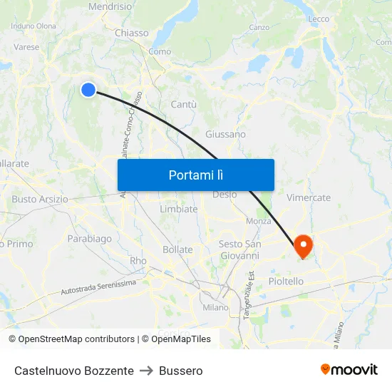 Castelnuovo Bozzente to Bussero map