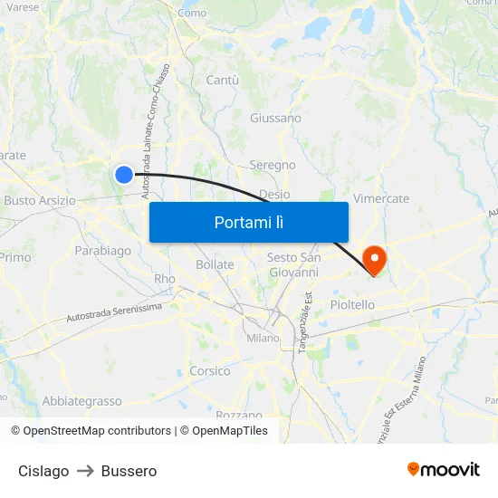 Cislago to Bussero map