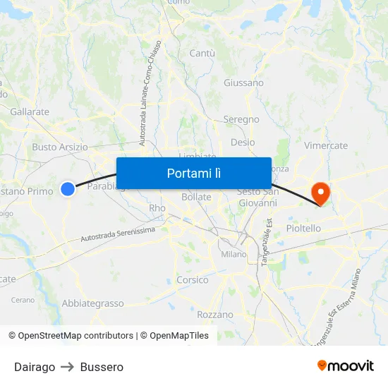 Dairago to Bussero map