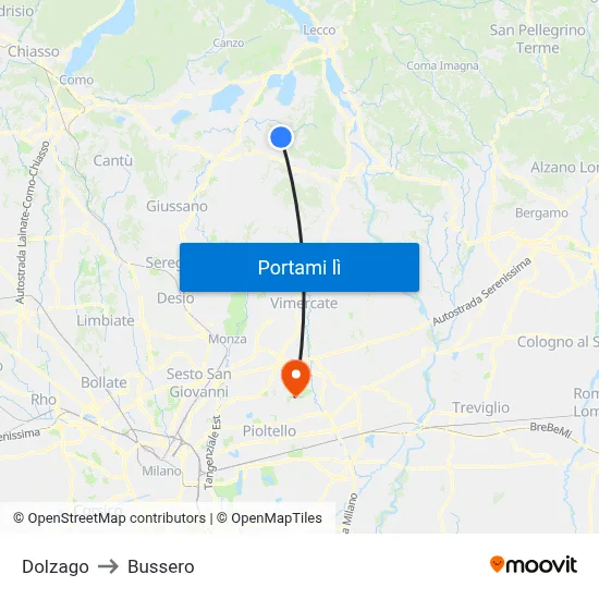 Dolzago to Bussero map