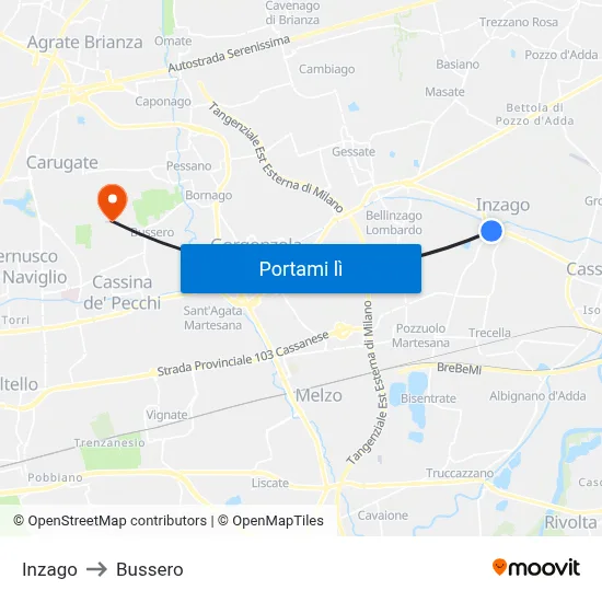 Inzago to Bussero map