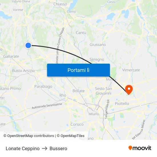 Lonate Ceppino to Bussero map