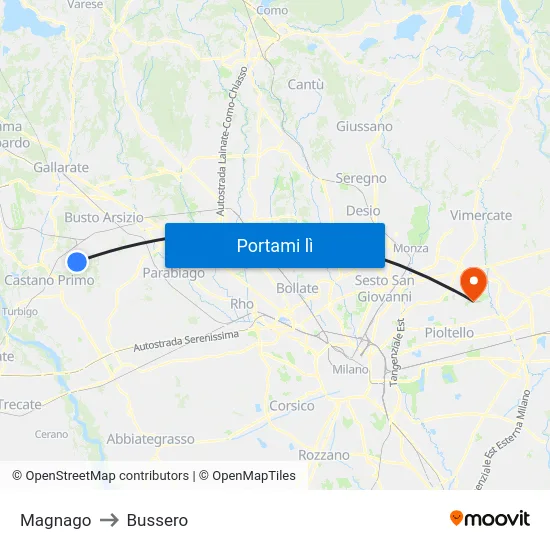 Magnago to Bussero map