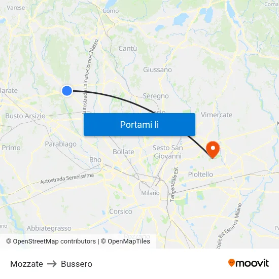 Mozzate to Bussero map