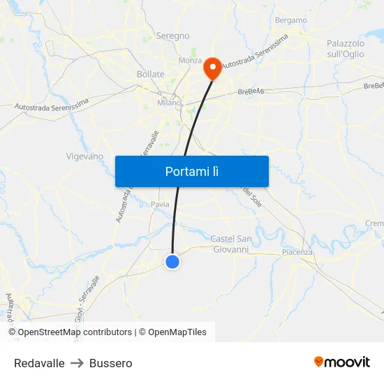 Redavalle to Bussero map