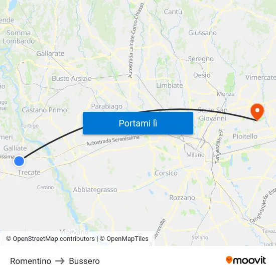 Romentino to Bussero map