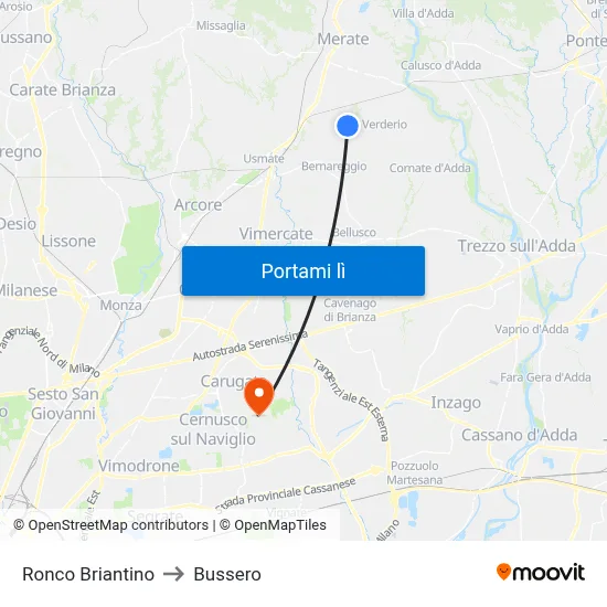 Ronco Briantino to Bussero map