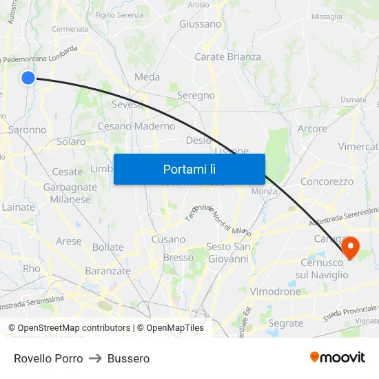Rovello Porro to Bussero map