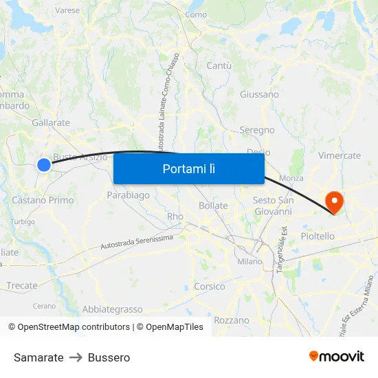Samarate to Bussero map