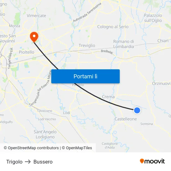 Trigolo to Bussero map