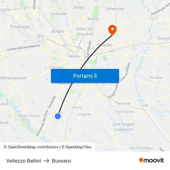 Vellezzo Bellini to Bussero map