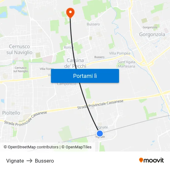 Vignate to Bussero map