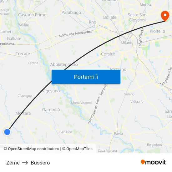 Zeme to Bussero map