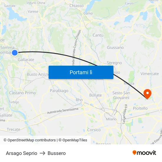 Arsago Seprio to Bussero map