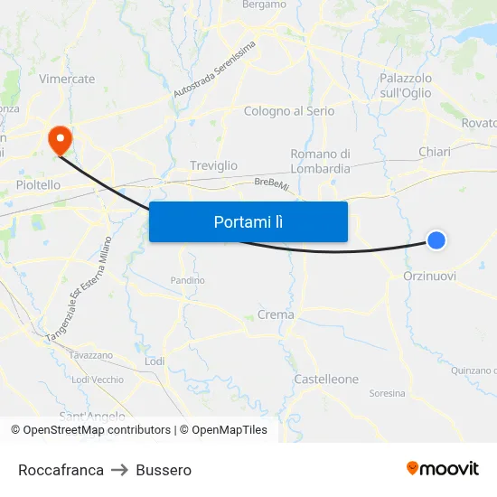 Roccafranca to Bussero map