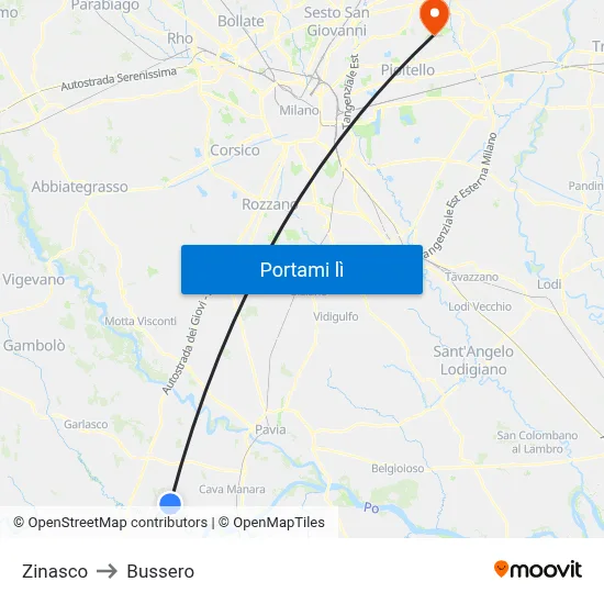 Zinasco to Bussero map