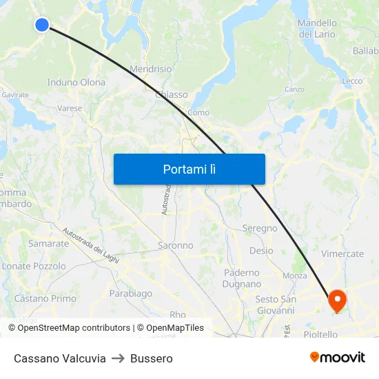 Cassano Valcuvia to Bussero map