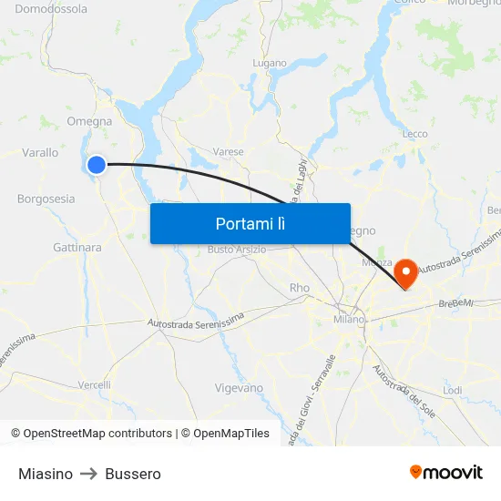 Miasino to Bussero map