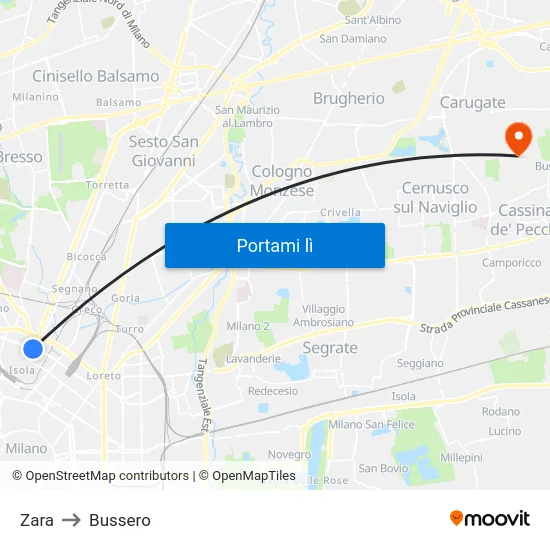 Zara to Bussero map