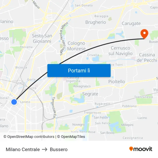 Milano Centrale to Bussero map