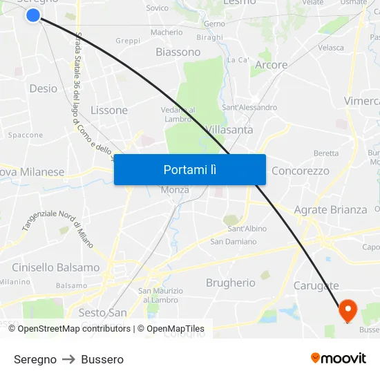 Seregno to Bussero map