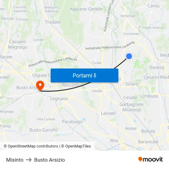 Misinto to Busto Arsizio map