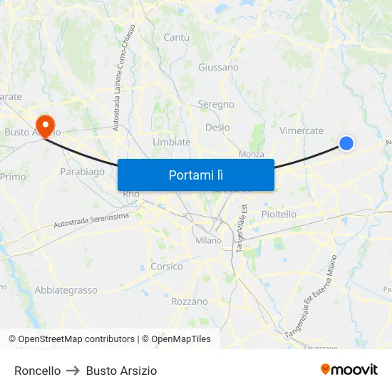 Roncello to Busto Arsizio map