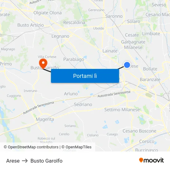 Arese to Busto Garolfo map