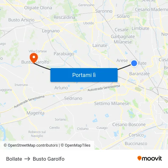 Bollate to Busto Garolfo map