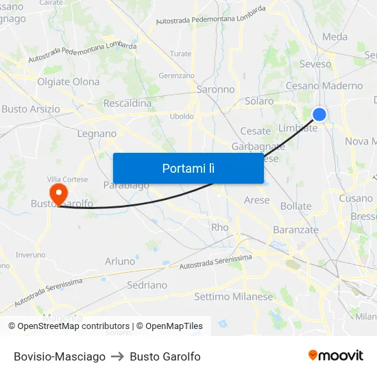 Bovisio-Masciago to Busto Garolfo map