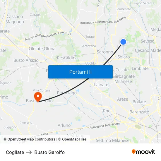 Cogliate to Busto Garolfo map