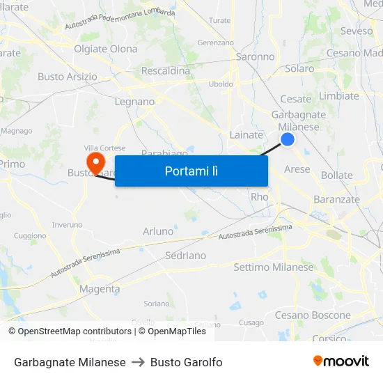 Garbagnate Milanese to Busto Garolfo map