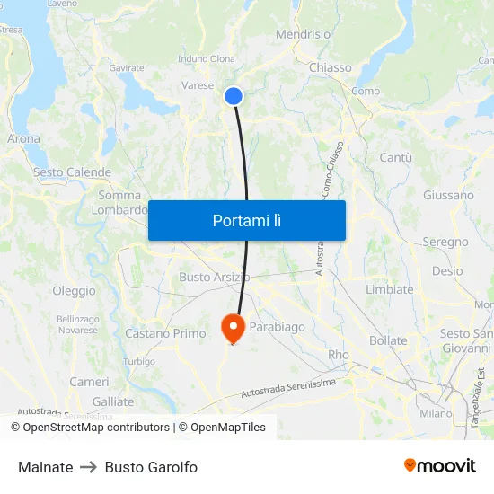 Malnate to Busto Garolfo map