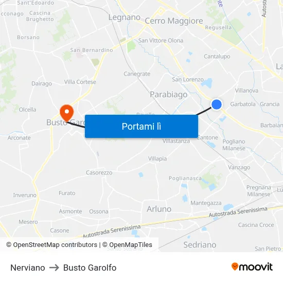 Nerviano to Busto Garolfo map