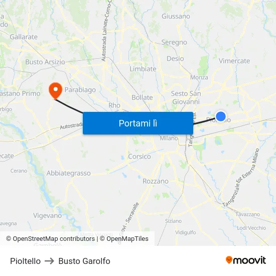 Pioltello to Busto Garolfo map