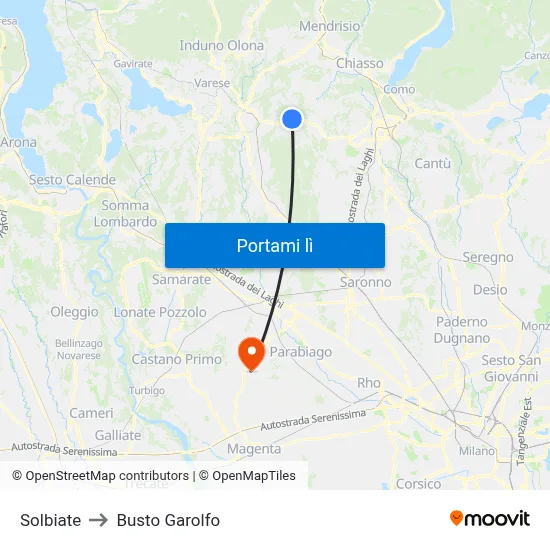 Solbiate to Busto Garolfo map