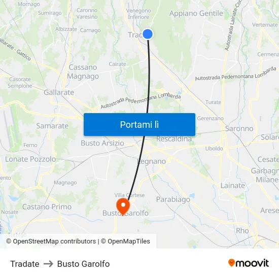 Tradate to Busto Garolfo map