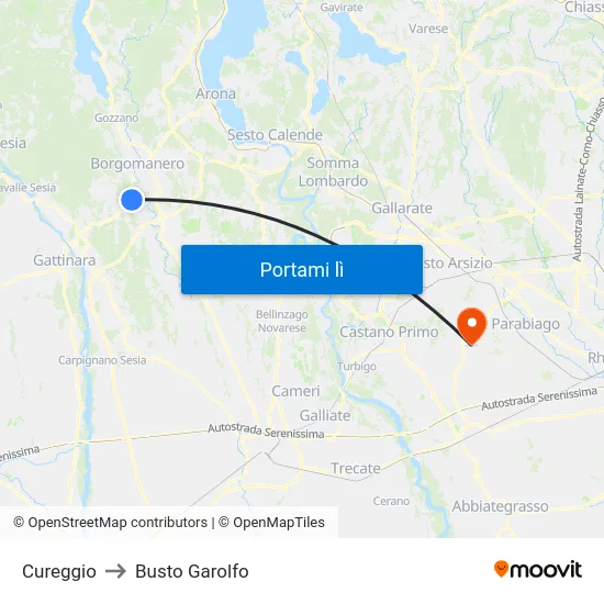 Cureggio to Busto Garolfo map