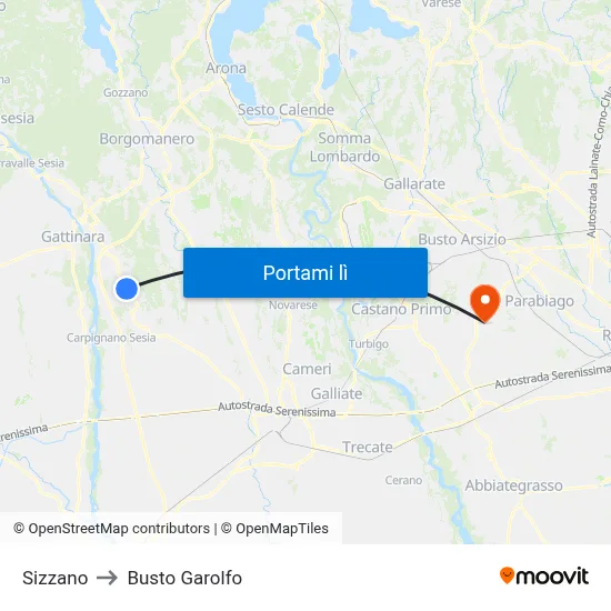 Sizzano to Busto Garolfo map